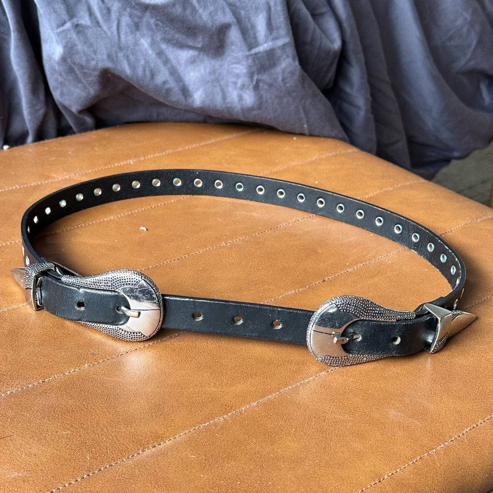 The Kooples Black Leather Double Buckle Western Belt with Silver Hardware